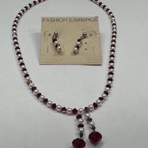 Handcrafted 18” Beaded Necklace & Drop/Dangle Post Earrings - Red & White Beads